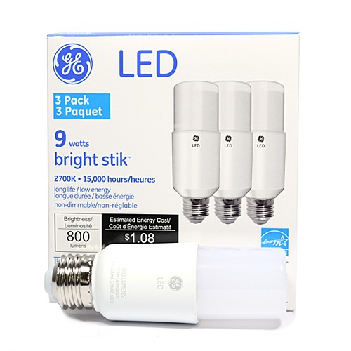 GE LED9LS3/827 9.68 75184 9W 120V CRI 80 E26 2700K Bright Stik (3 Pack)